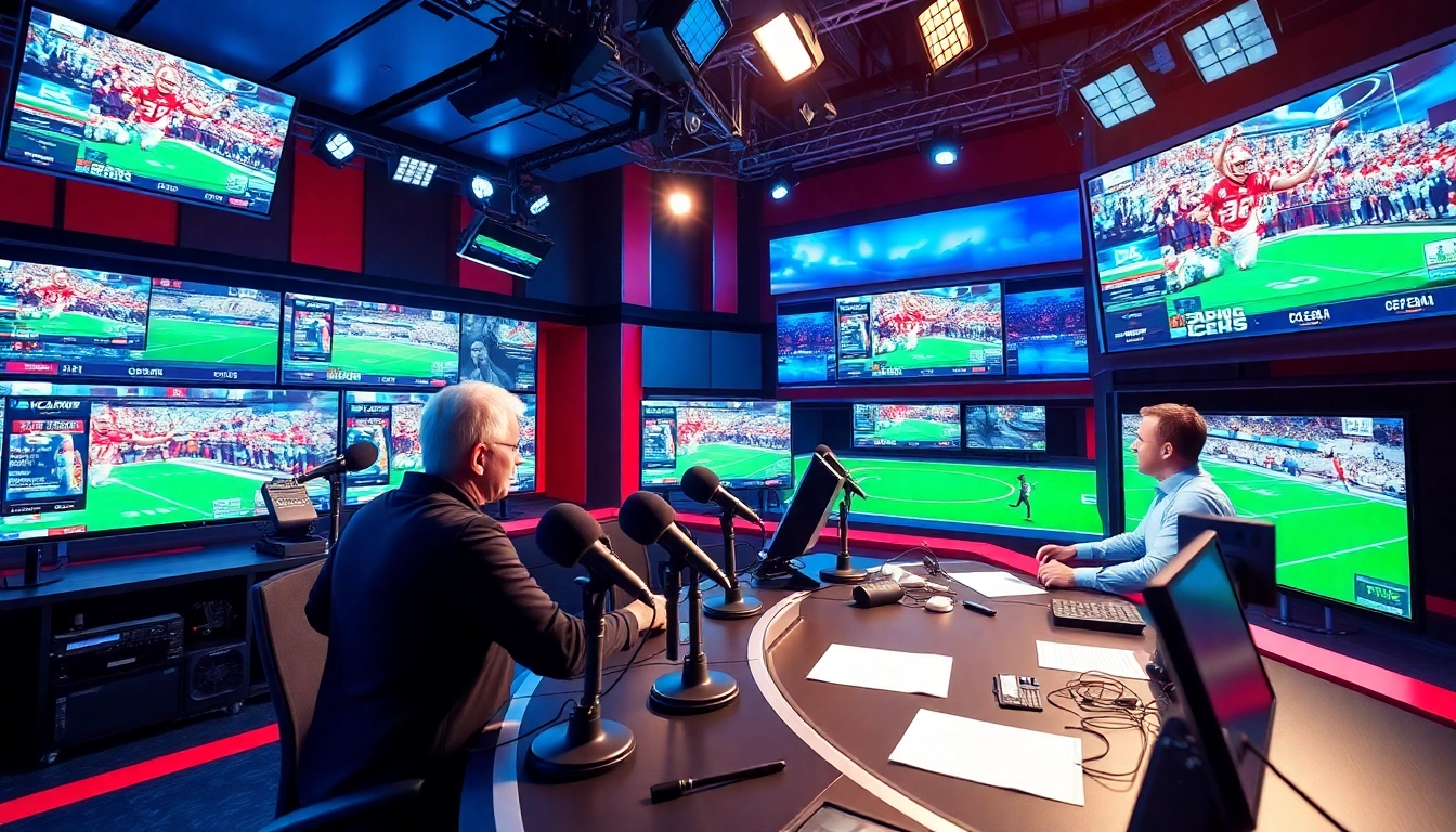 Dynamic sports broadcasting studio featuring live anchors and vibrant visuals.
