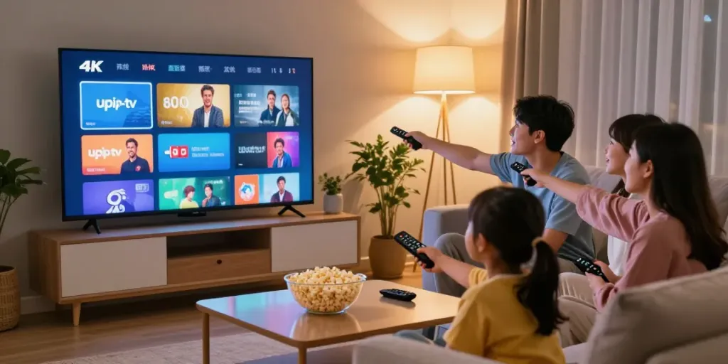 Family enjoying upip-tv in a cozy living room with 4K movie streaming.