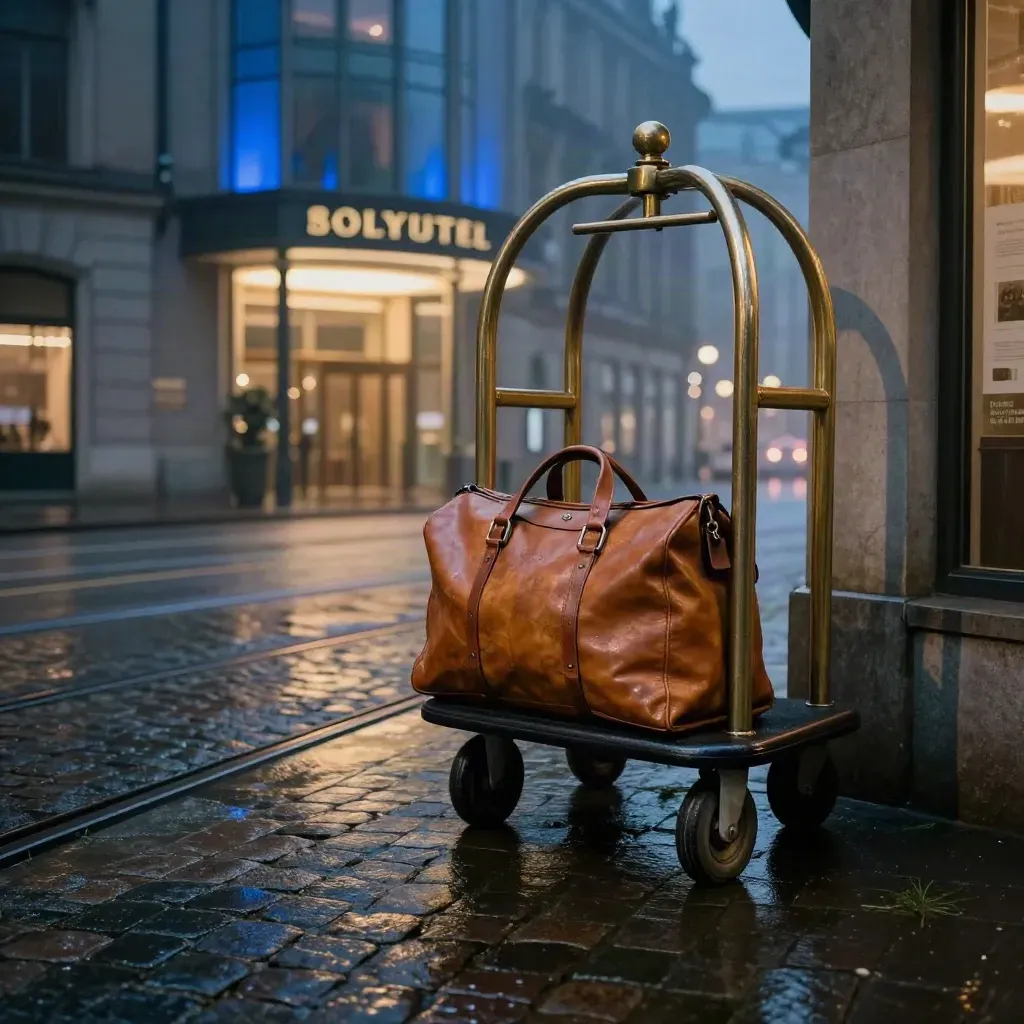 Münchner Hotelvorplatz bei Morgenregen mit Koffer, Gepäckwagen und nassen Gleisen.