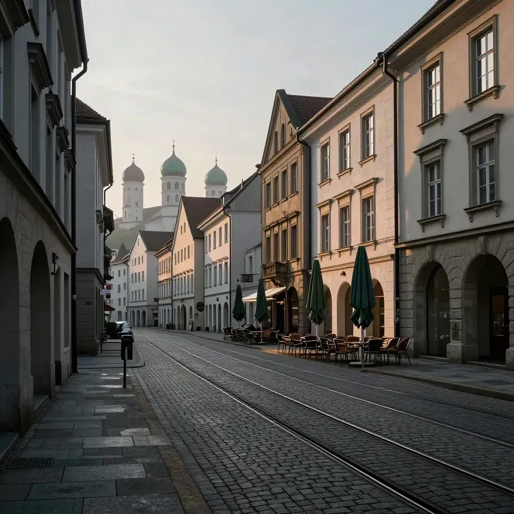 Früher Morgen an einer bayerischen Altstadtkreuzung mit Domkuppeln und leeren Tramgleisen.