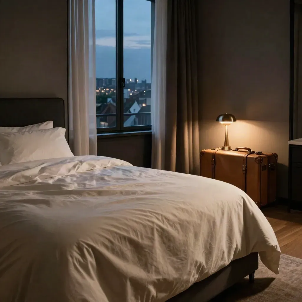Helles Hotelzimmer in Nürnberg mit offenem Fenster, Bett und Koffer bei Abenddämmerung.