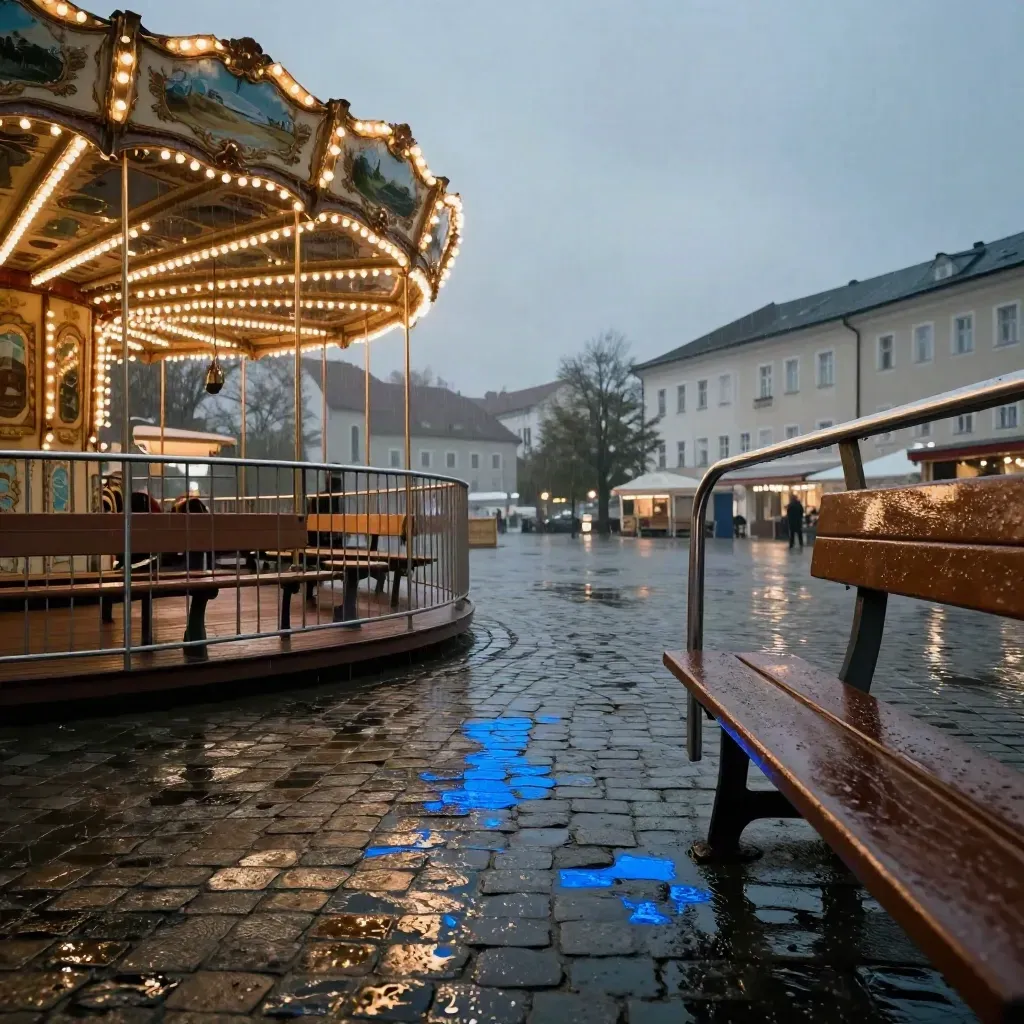Leere Kirmes-Einfahrt in Passau nach Regen, Lichter gehen an, nasse Pflastersteine und Bierbänke
