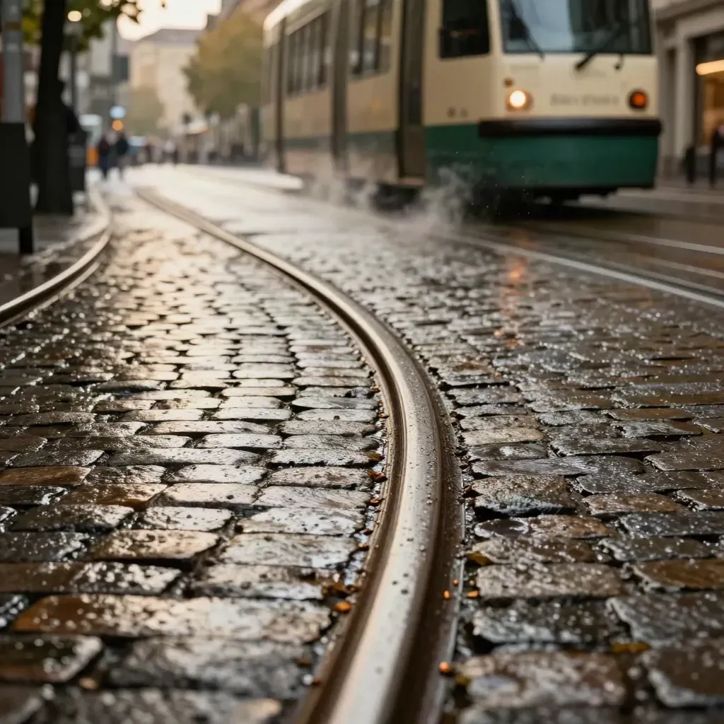 Nahaufnahme von nassen Tramgleisen, Pflaster und Sonnendurchbruch an Münchens Boulevard.