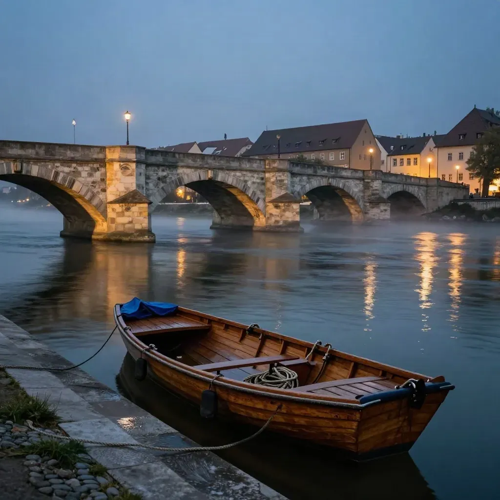 Regensburger Steinbrücke bei Dämmerung mit Boot und warmen Lichtern am Ufer