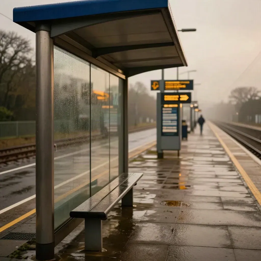Überdachter Bus- und Bahnsteig mit nassem Pflaster und bläulichem Licht im Regen.