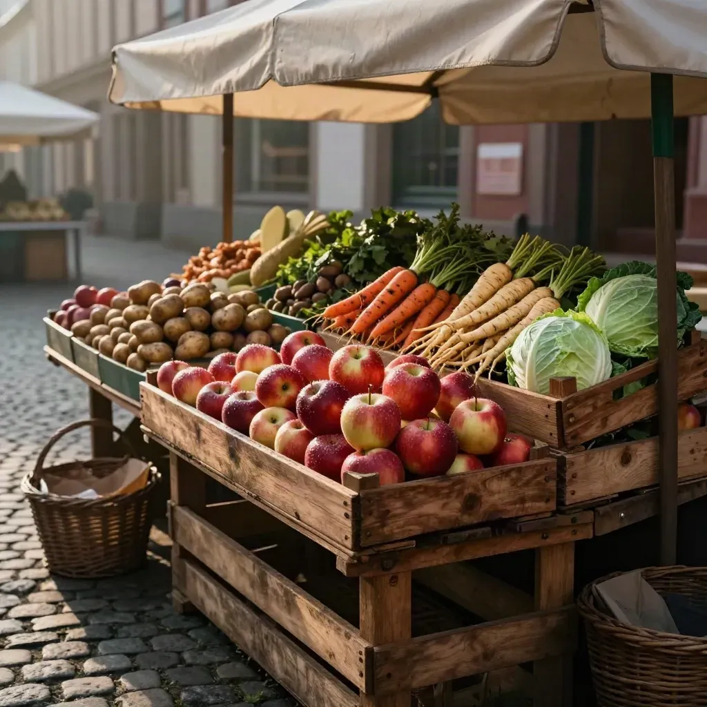 Fränkischer Marktstand mit Äpfeln, Wurzelgemüse und Leinwanddach im Morgenlicht