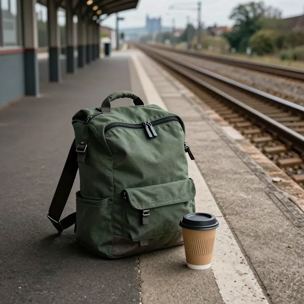 Nürnberger Bahnsteig mit Tagesbag, Kaffeebecher und Burgsilhouette im Wind.