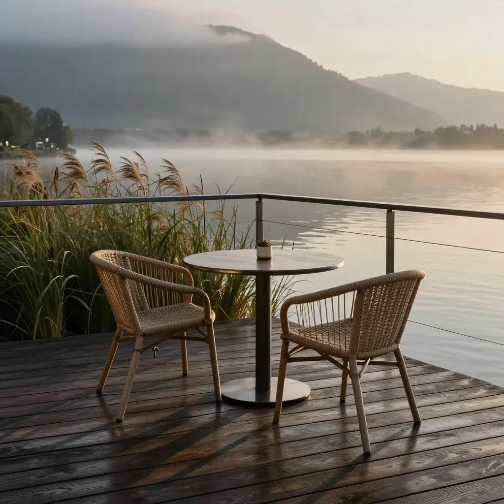 Lakeside-Hotelterrasse am Tegernsee mit Tisch, zwei Stühlen und ruhigem See im Abendlicht