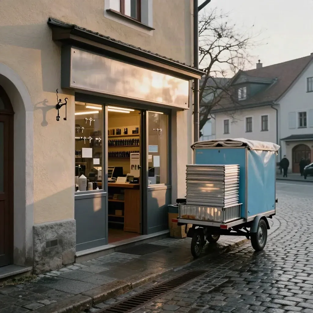 Bayerische Hauptstraße mit Schlüsseldienst, Bäckerkarren und Werkstatttür im Morgenlicht