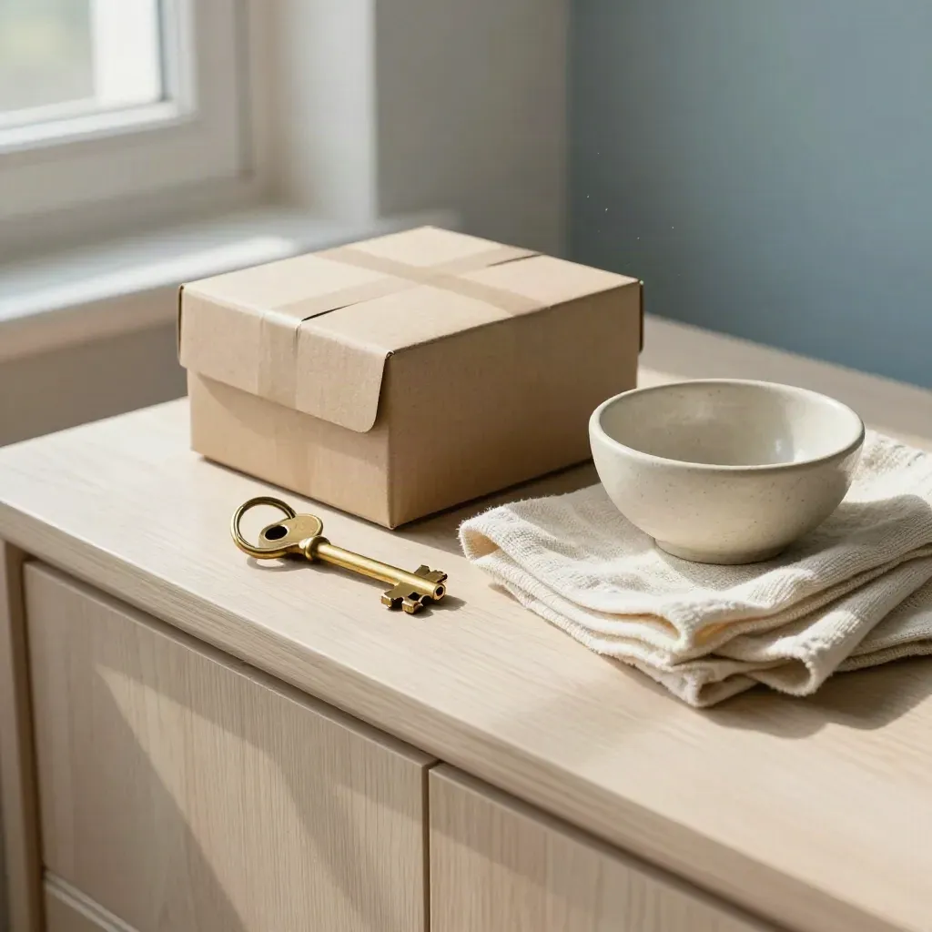 Brassschlüssel, Umzugskarton, Tuch und Schale auf hellem Holz im Morgenlicht.