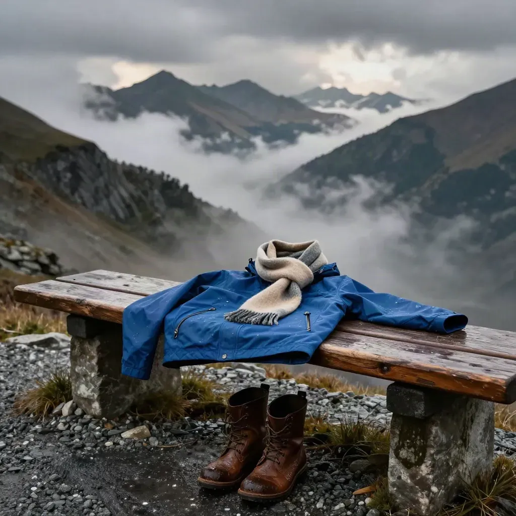 Berg-Überblick mit Regenjacke, Schal, Stiefeln und aufziehenden Wolken über den Alpen