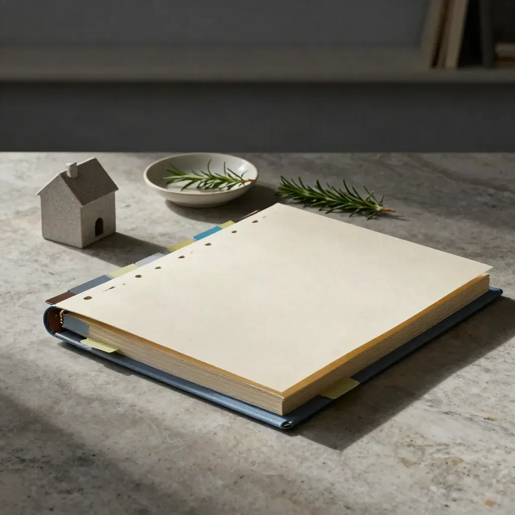 Geschlossener Adressordner mit Tabs, Haus-Papiergewicht, Schale und Rosmarin auf Steindesk.