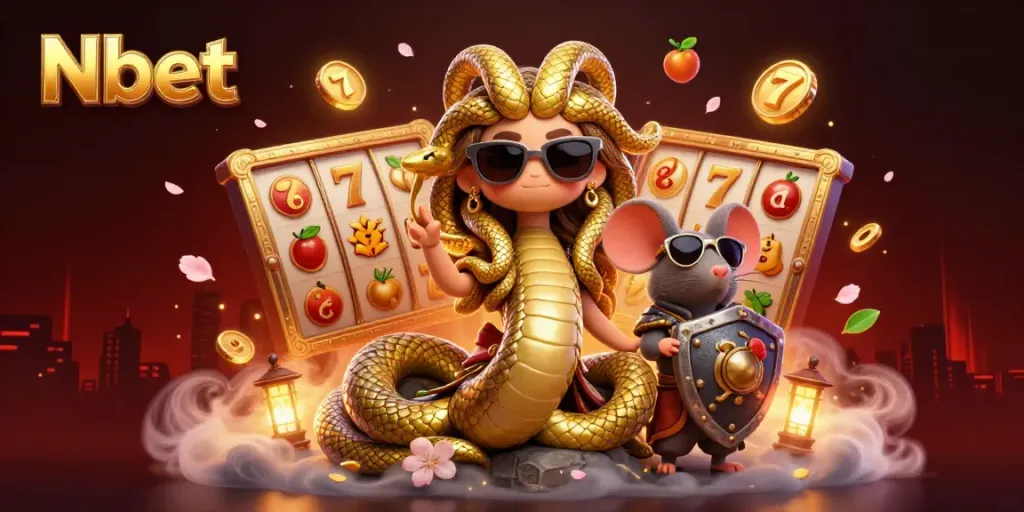 Join the excitement at Nbet with Medusa and a brave warrior, surrounded by slots and jackpots!