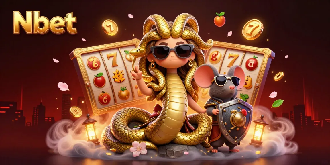 Join the excitement at Nbet with Medusa and a brave warrior, surrounded by slots and jackpots!