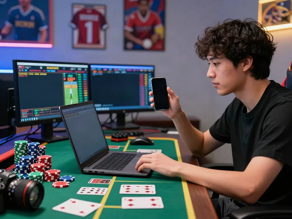 Online gaming enthusiast engaging with sports betting at https://sv88.cyou/ with chips and cards.