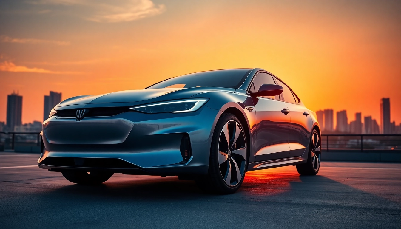 Auto Kufen an einem modernen Fahrzeug, das dynamisch im Sonnenuntergang positioniert ist.