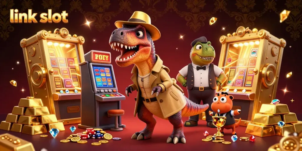 Engage with the exciting world of link slot gaming featuring a cartoon velociraptor at a slot machine.