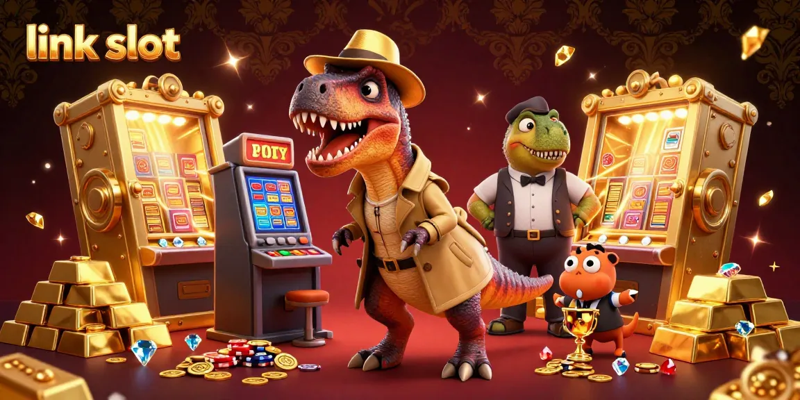 Engage with the exciting world of link slot gaming featuring a cartoon velociraptor at a slot machine.