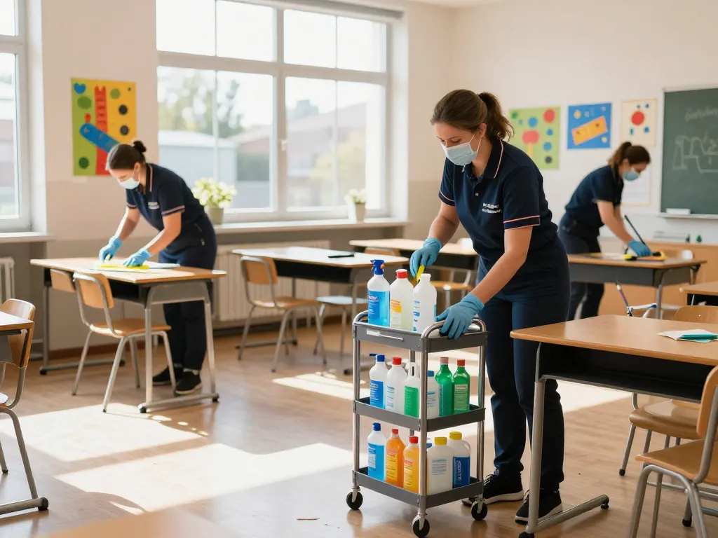 Professionelle Schulreinigung in Münster, die Mitarbeiter zeigt, die Klassenzimmer desinfizieren, um die Hygiene sicherzustellen.