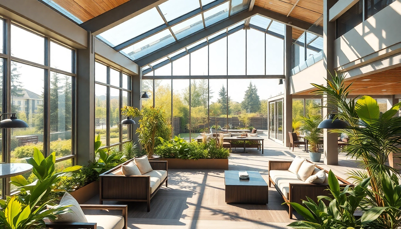 Wintergarten mit modernem Design und natuerlicher Umgebung, einladende Atmosphaere schaffen