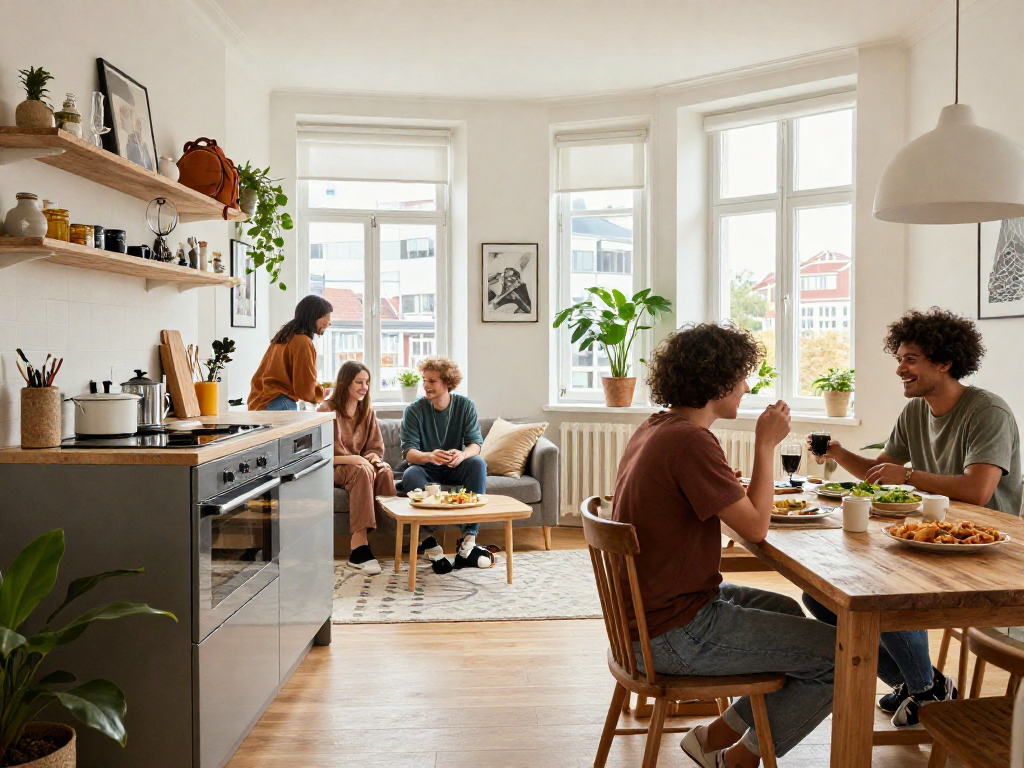 Moderne Monteurwohnung Hannover mit Freunden, gemütlicher Wohnbereich und helle Fenster.