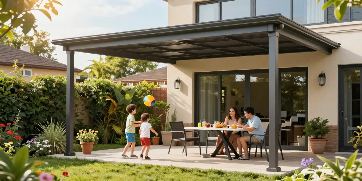 Moderne Terrassenüberdachung bietet Schutz und Stil für Familienzeit im Garten.