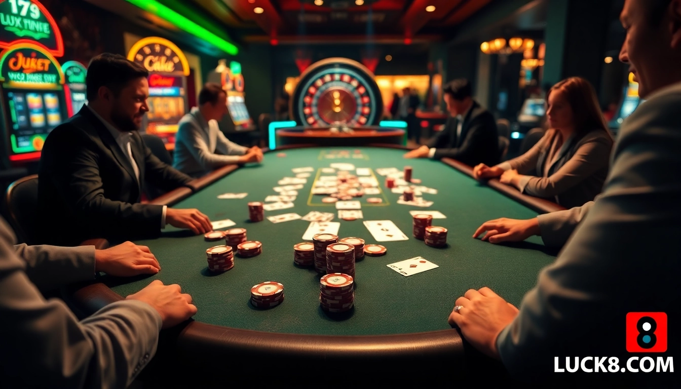 Engage in thrilling poker gameplay at LUCK8.COM with shiny poker chips and an exciting roulette wheel.