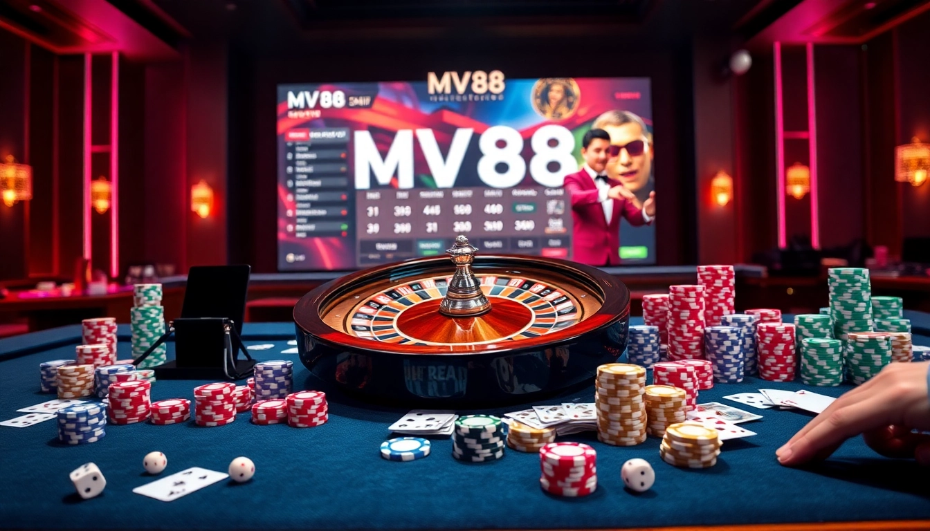 Experience high-stakes betting with MV88, surrounded by colorful poker chips and a vibrant roulette wheel.