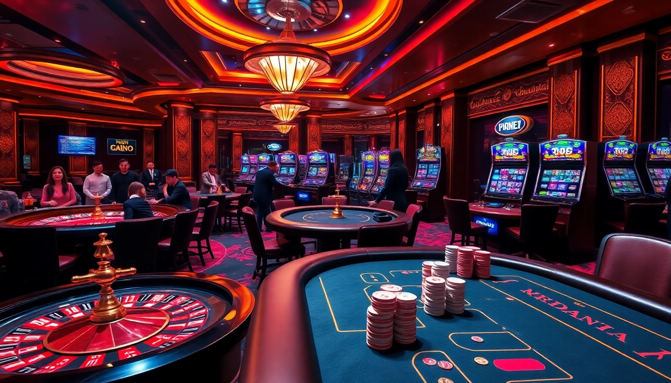 A thrilling gaming scene at trang chủ 789club with players at roulette and poker tables.