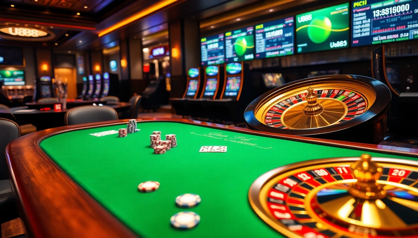 U888 players enjoying a high-stakes poker game in a luxury casino setting.