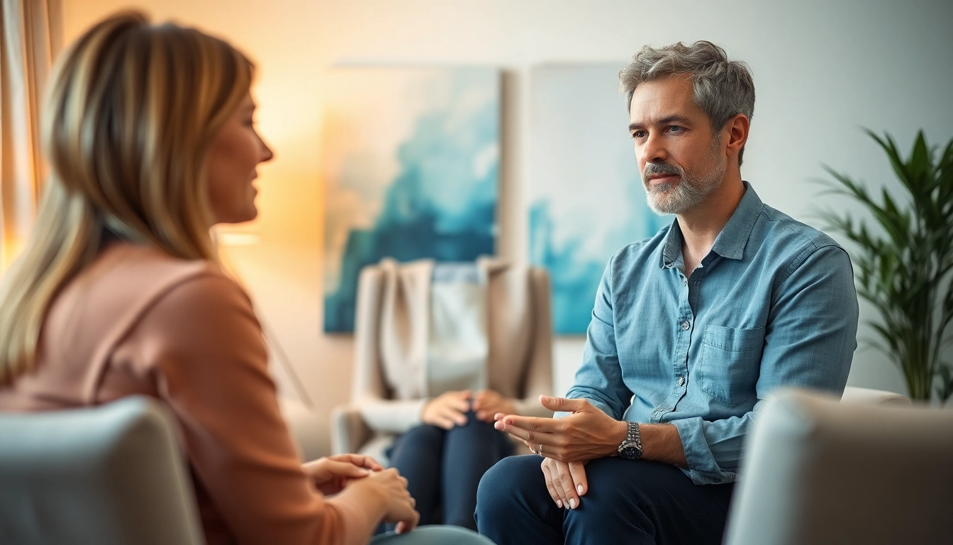 Mental health awareness depicted with a therapist supporting a client in a calming environment.